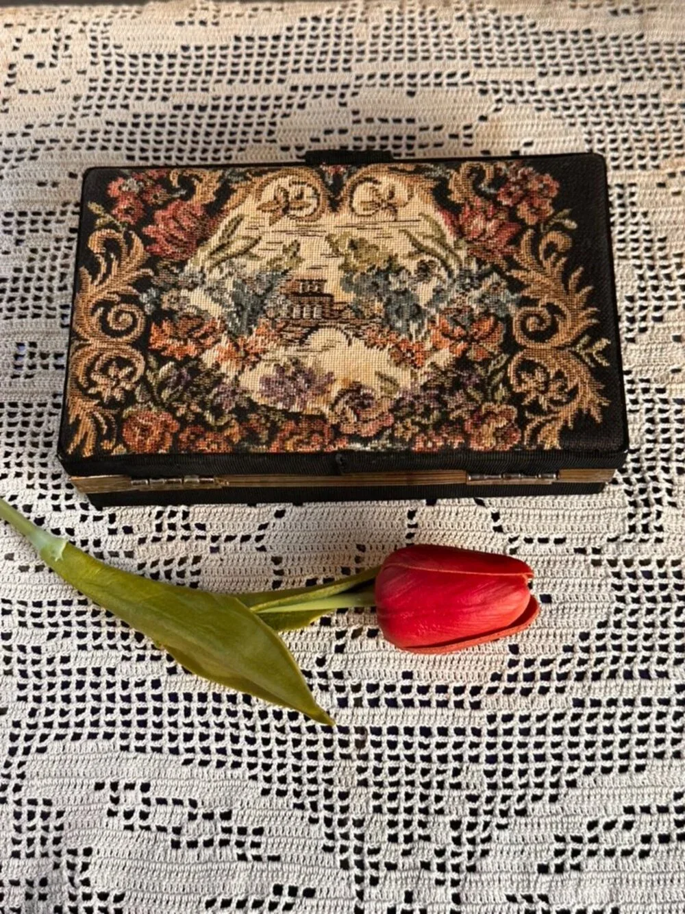 Black Faille Hard-Sided Vintage 1940s Vanity Clutch Purse w/ Tapestry & Mirror